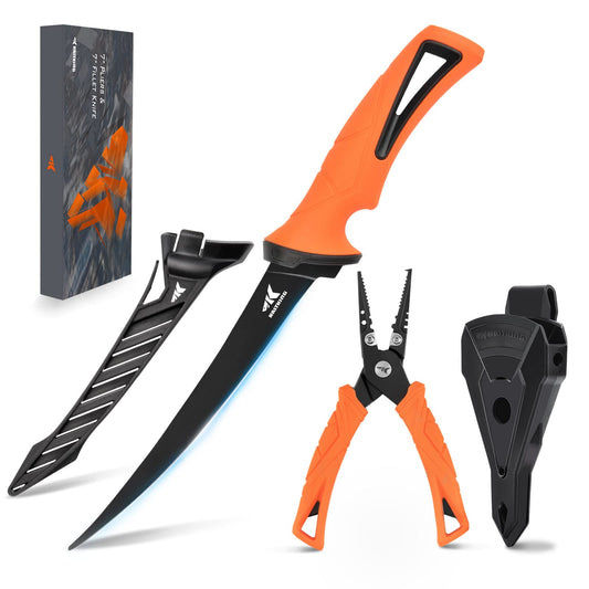 KastKing 7-inch Fishing Pliers and Filet Knife with Molded Sheath 420 Stainless Steel Fishing Pliers G4116 Corrosion Resistant Fillet Knife 7 Split Ring Plier and 7 Fillet Knife Orange